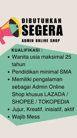 LOWONGAN ADMIN ONLINE SHOP