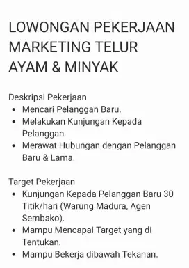 Lowongan Pekerjaan Marketing Telur Ayam & Minyak