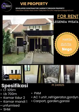 Di Sewakan Runah Cantik Unfurnish. Legenda Wisata Cibubur.