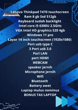 Jual laptop Lenovo Thinkpad T470 ram 8gb ssd 512gb touchscreen