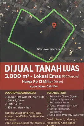 DIJUAL TANAH LUAS 3.000 m² – Lokasi Emas BSD Serpong!