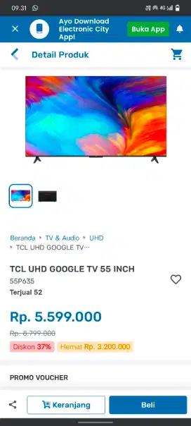 TCL UHD GOOGLE TV 55 INCH 0% BUNGA BEBAS 1-2 KALI CICILAN