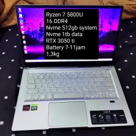 Acer Swift X Ryzen 7 5800 RTX 3050 TI 16 / 1TB +512GB Editing Coding