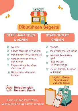 LOWONGAN PEKERJAAN STAFF JAGA TOKO & STAFF OUTLET CHIKEN
