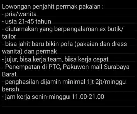 Lowongan Penjahit untuk Toko Permak di PTC Surabaya
