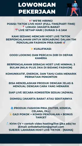Dibutuhkan segera Host live online shop