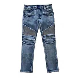 ADORABLE BIKER DENIM SLIM FIT TAPERED BLEECH WASH BLUE FADING JEANS
