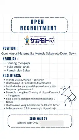Dibutuhkan guru matematika di Duren Sawit Jakarta Timur