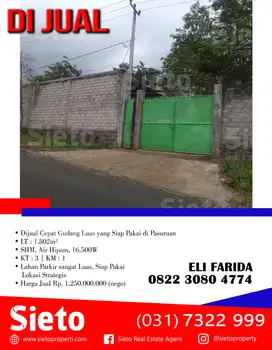 Dijual Cepat Gudang Luas yang Siap Pakai di Pasuruan
