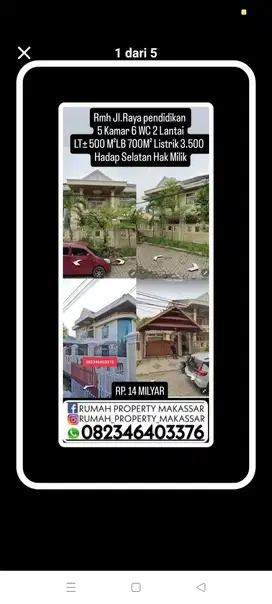 Rmh Jl.Raya pendidikan  5 Kmr 6 WC 2 Lantai. LT500 LB 700SM SHm