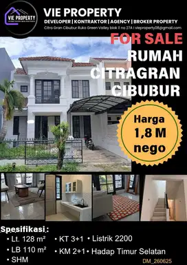 Jual Cepat Rumah Siap Huni Cluster Favorite. CitraGran Cibubur.