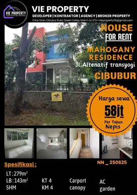 Di Sewkan Rumah Siap Huni Unfurnish. Mahogany Residence Cibubur.
