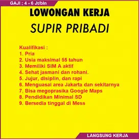 Lowongan Drivers (Supir sim A)