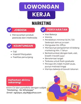DIBUTUHKAN ( LAKI-LAKI ) Pengalaman 1 Thn bidang Marketing
