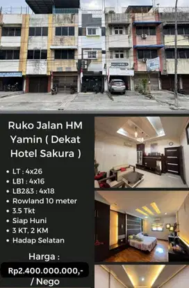 Ruko Siap Huni 3.5 Lantai di Jalan HM Yamin Dekat Hotel Sakura