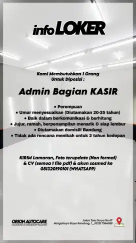 DIBUTUHKAN 1 ORANG PEREMPUAN UNTUK POSISI KASIR