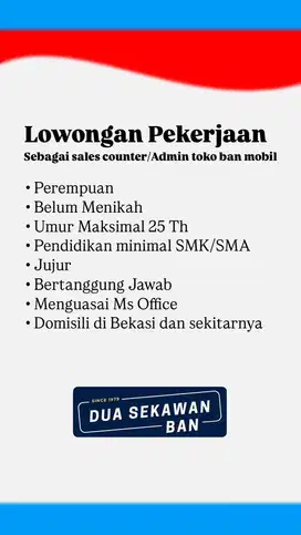 Lowongan kerja admin dan sales counter toko ban