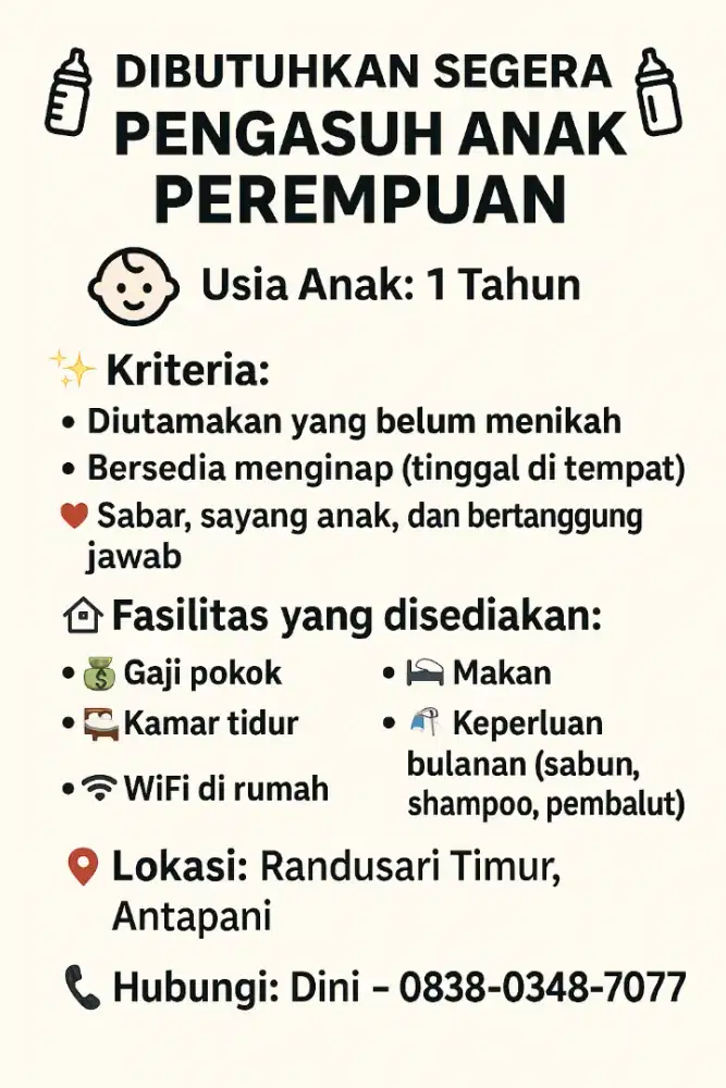 Lowongan pengasuh anak, Antapani Bandung