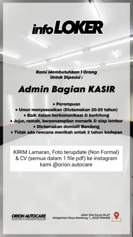 DIBUTUHKAN 1 ORANG PEREMPUAN BAGIAN KASIR