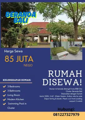 Disewakan Rumah 2LT Dgn perabot BSB City Beranda Bali Dkt Uptown Mall