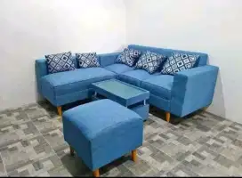 Sofa L Retro + puk warna denim