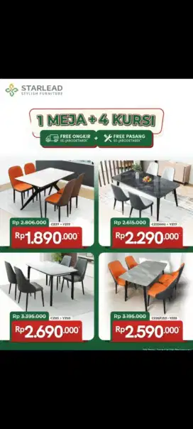 PROMO SET 1 MEJA CALACATTA GREY+4 KURSI IRON ART