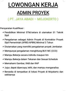 Lowongan Pekerjaan Admintek Proyek