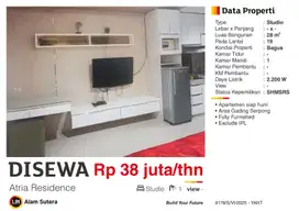 Disewa Apartemen Studio Full Furnish di Atria Res. Gading Serpong