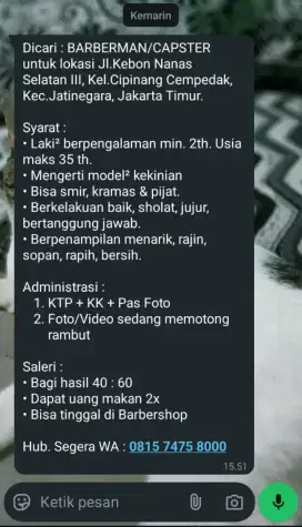Lowongan kerja BARBERMAN / CAPSTER