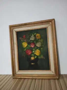 Realistic Flower Floral Still Life Bouquet Oil Painting w/Gold Frame