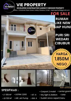 Jual Rumah Cantik Siap Huni Like New. Puri SriWedari Cibubur.