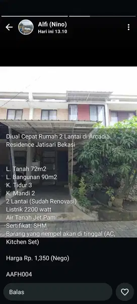 La.1615 Dijual cepat Rumah Arcadia residence bekasi Siap Huni 2 antai