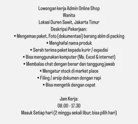 Lowongan kerja admin online shop wanita perempuan jakarta timur