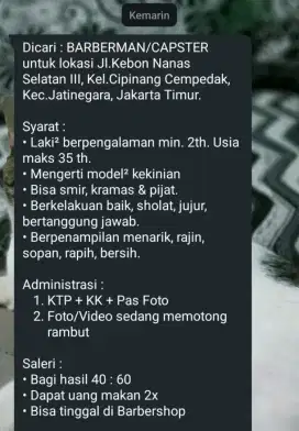 Lowongan kerja BARBERMAN/ CAPSTER