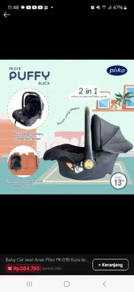 Carseat Baby Carrier 2 in 1 Pliko Puffy Pk-01B Black