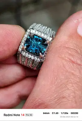 Cincin batu blue topaz London 3.57 carat ring perak memo MRI clean