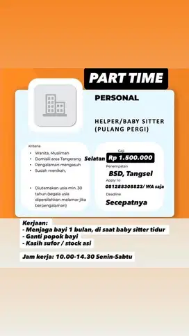 dibutuhkan helper/ baby sitter part time 4 jam tangerang selatan bsd