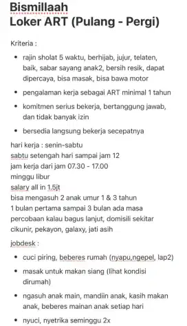 Dicari asisten rumah tangga - Baby sitter