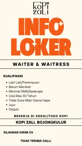 Dicari Waiters dan Barista di Toko Kopi Zali