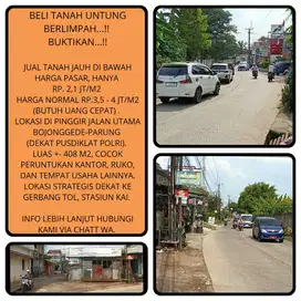Tanah pinggir jalan raya pas untuk usaha 415m2 di Bojonggede-Bogor 415
