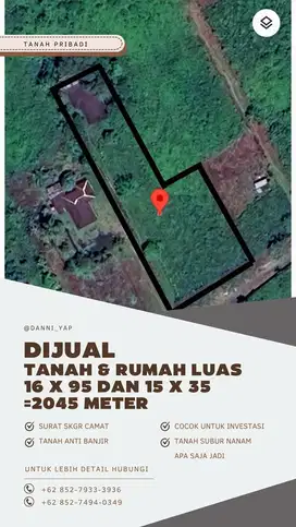 DIJUAL MURAH TANAH ANTI BANJIR LUAS 2.045 meter BESERTA RUMAH!!