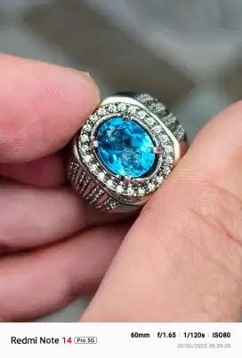 Batu blue topaz London 3.75 crat ring perak memo MRI top kristal clean