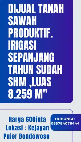 DIJUAL CEPAT TANAH SAWAH