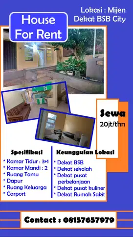 Disewakontrakkan Rumah 2LT Mijen Dkt BSB