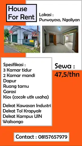 Dikontrakkan Rumah dan Kios Purwoyoso Ngaliyan