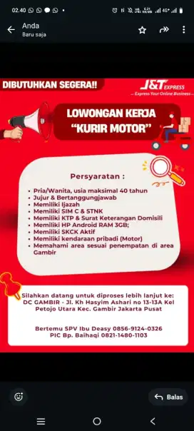INFO LOKER KURIR J&T EXPRESS untuk KEC. GAMBIR