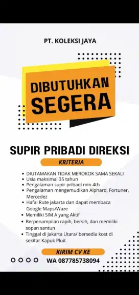 DIBUTUHKAN SEGERA SUPIR PRIBADI