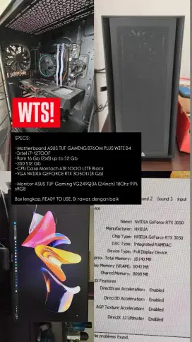 Dijual PC Gaming i7-12700 Ram 16gb ssd 512 VGA RTX 3050ti