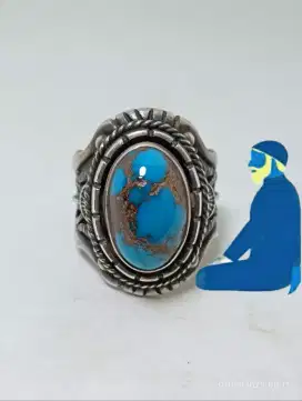 Cincin ring perak handmade Batu Pirus Biru ngrikil Motif Tahiyat