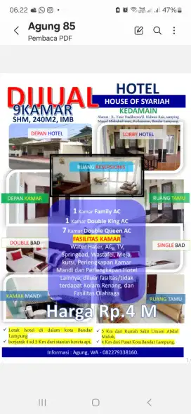 Dijual Hotel di Kedamaian Bandar Lampung